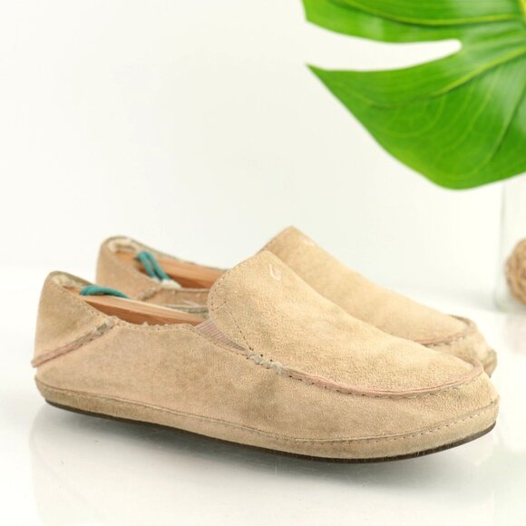 OluKai Womens Nohea Slip On Shoe Size 5 Tan Suede Sherpa Slipper Wool Shearling - Picture 1 of 12